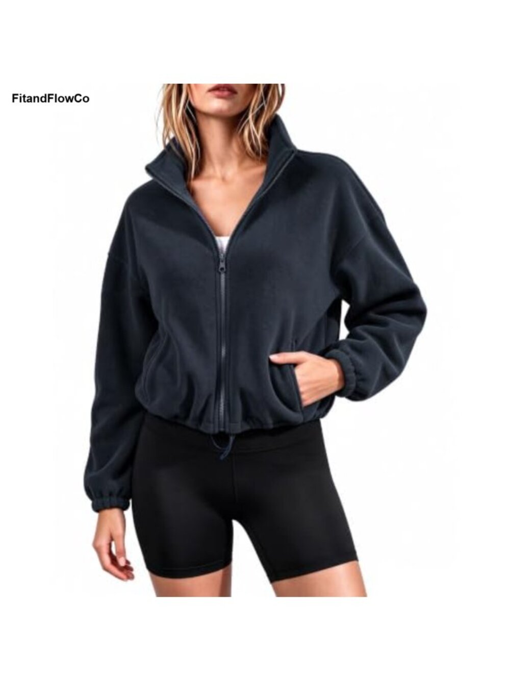 Polar Fleece Cropped Zip Jacket Oversized Sherpa Coat with Pockets
